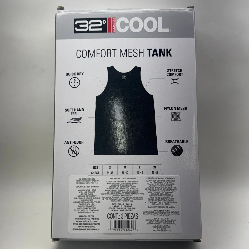 32 Degrees Cool Mens Comfort Mesh Tank 3-Pack Black Large Quick Dry Anti-Odor